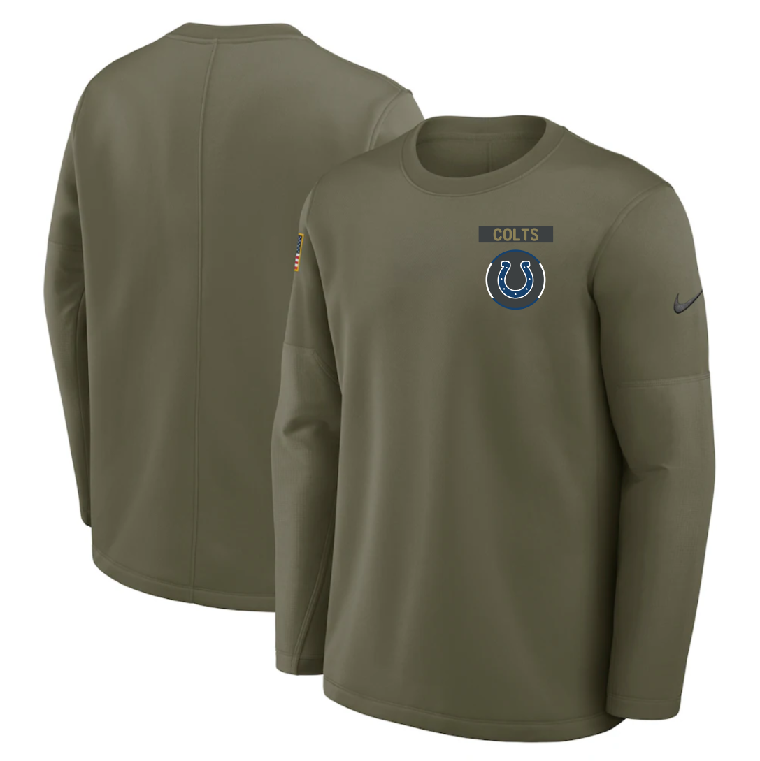 Men's Indianapolis Colts Olive 2025 Salute to Service Sideline Coaches Therma-FIT Long Sleeve Shirt Men's Indianapolis Colts Olive 2025 Salute to Service Sideline Coaches Therma-FIT Long Sleeve Shirt